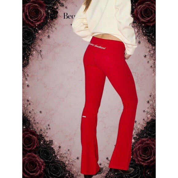 PINK Pants - preowned PINK Victoria’s Secret All-Day Cotton Foldover Flare Legging red Size M